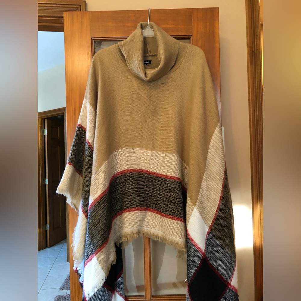 Ellie & Kate Tan plaid turtleneck poncho -OS Fits All